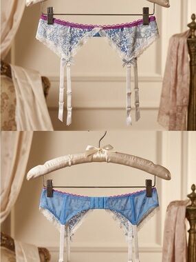 Liberty of London Blue and White Lace Garter Belt with Pink Trim